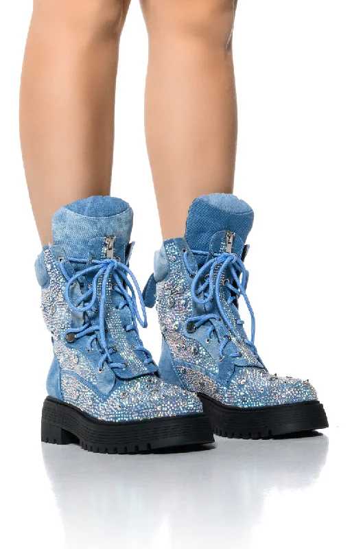 AZALEA WANG TRUFFLED DENIM EMBELLISHED COMBAT BOOTIE