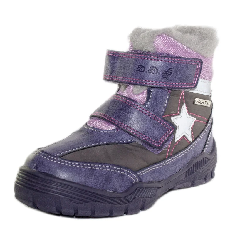 D.D. Step little kid girl shoes/winter boots with faux fur insulation purple with pink and grey and star size US 8-11.5