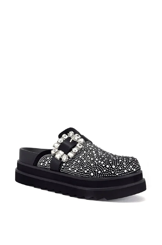 DESDEMONA-BLACK RHINESTONE FLATFORM CLOG