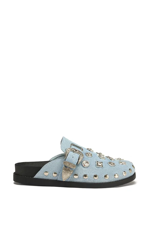 PRESSLEY-DENIM STUDDED FLAT CLOG