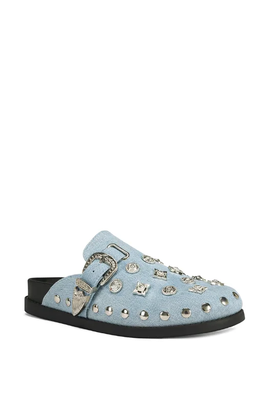 PRESSLEY-DENIM STUDDED FLAT CLOG