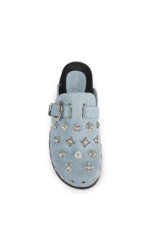 PRESSLEY-DENIM STUDDED FLAT CLOG