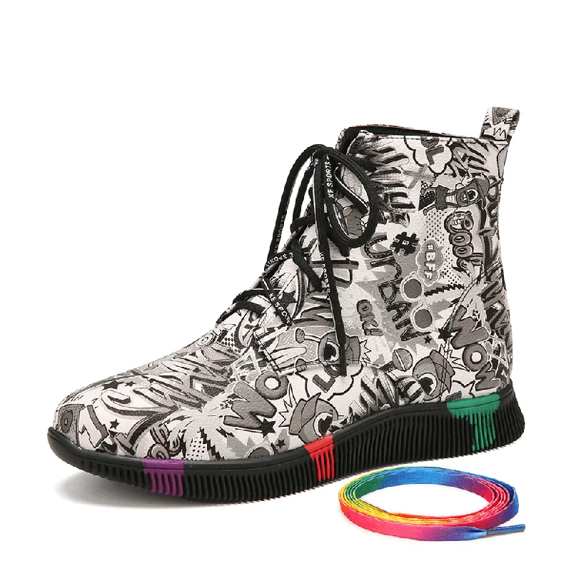 Women Casual Letter Graffiti Printing Multicolor Lace up Short Combat Boots