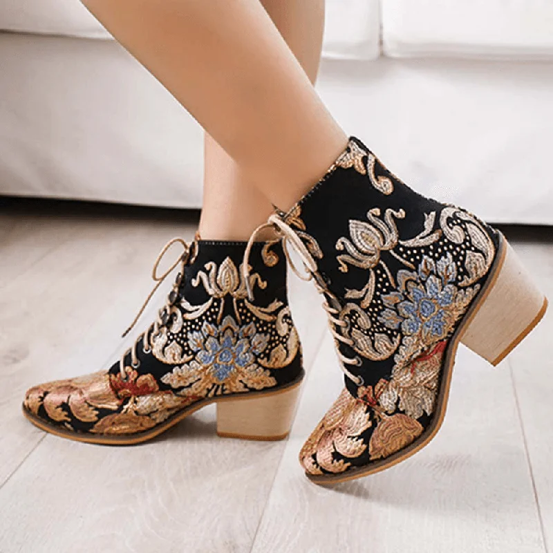 Women Pointed Toe Embroideried Lace up Block Boots