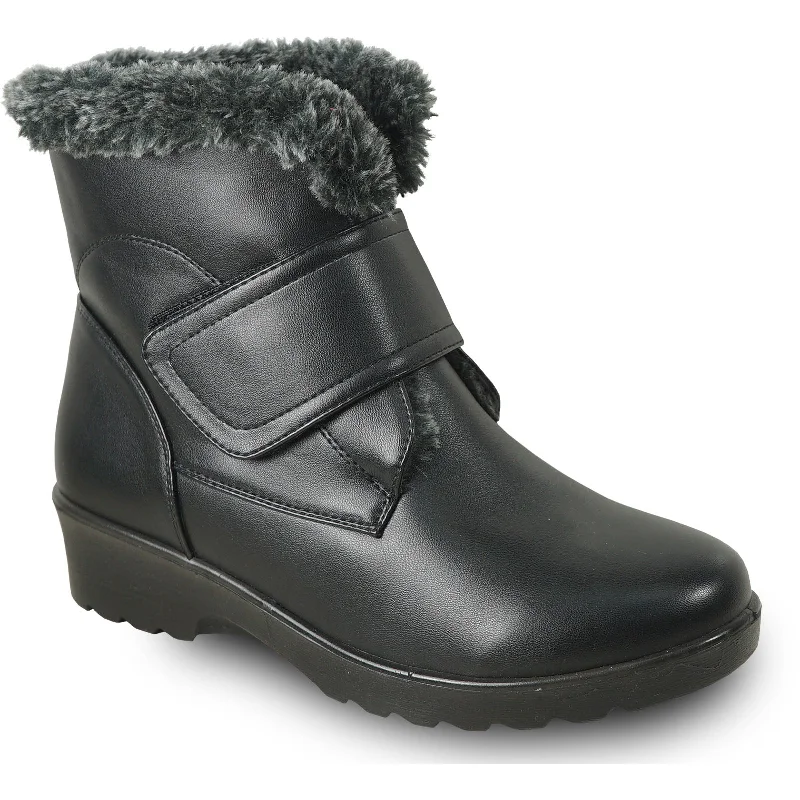 VANGELO Women Winter Fur Boot JL2576 Ankle Casual Boot Black - with Ice Cleat Outsole