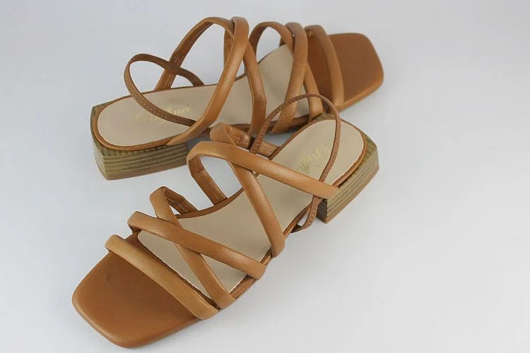 Caramel Leather Flat Strappy Sandal