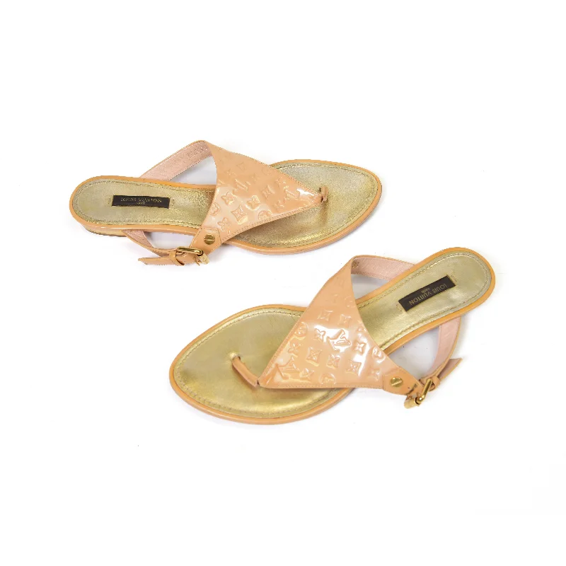 Louis Vuitton Beige & Gold Monogram Vernis Leather Flat Thong Sandals Size 39