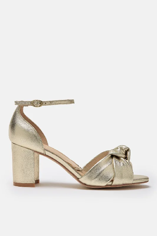 Minnie Gold Leather Knot Block Heel Shoes