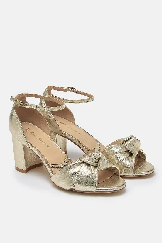 Minnie Gold Leather Knot Block Heel Shoes