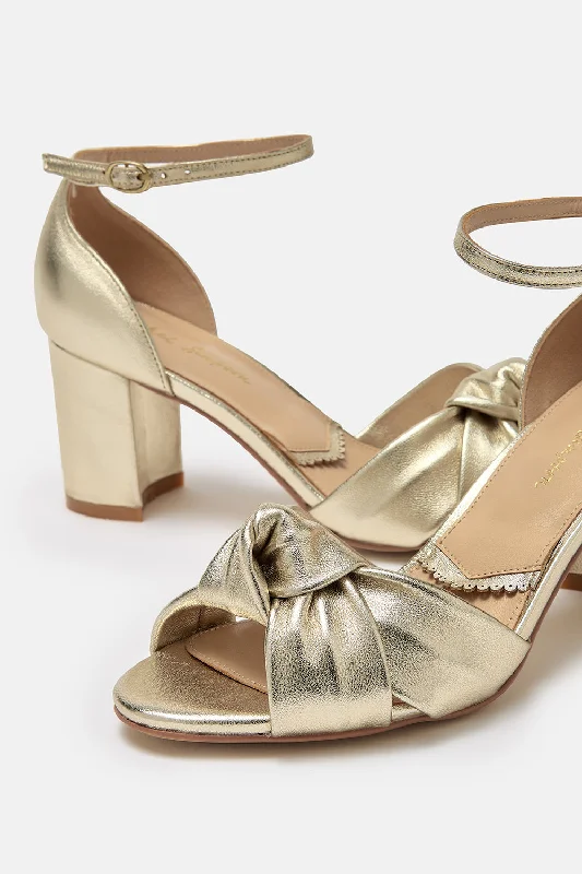 Minnie Gold Leather Knot Block Heel Shoes