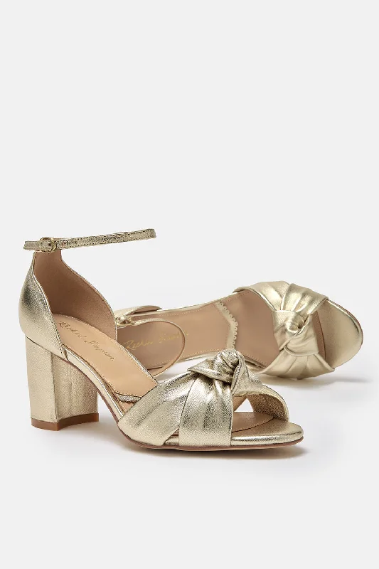 Minnie Gold Leather Knot Block Heel Shoes