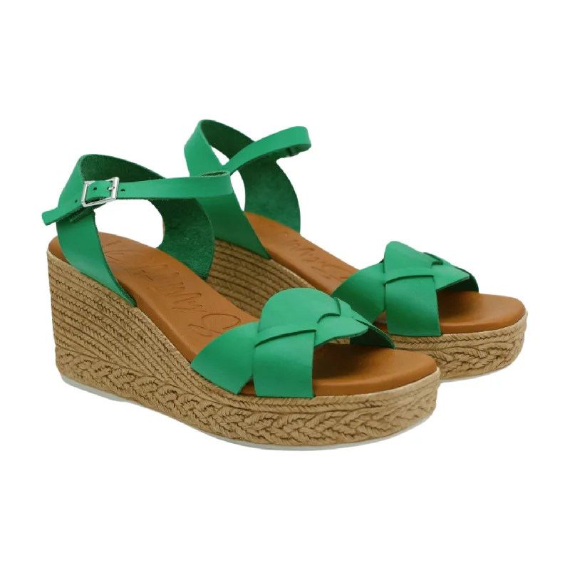 OH MY SANDALS Green Leather High Wedge Sandal 5460