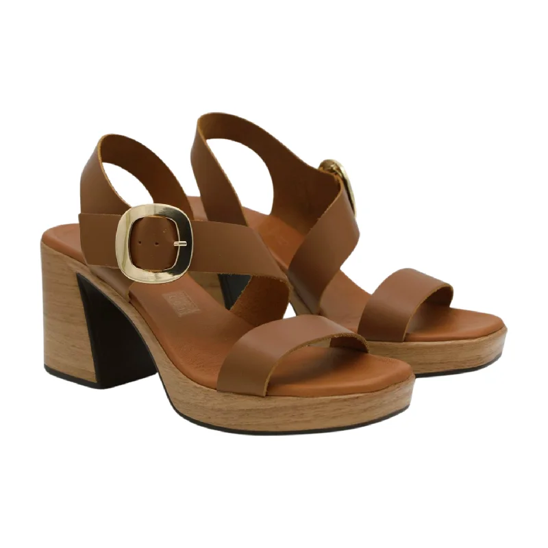 OH MY SANDALS Tan Leather Block Heel Platform Sandal