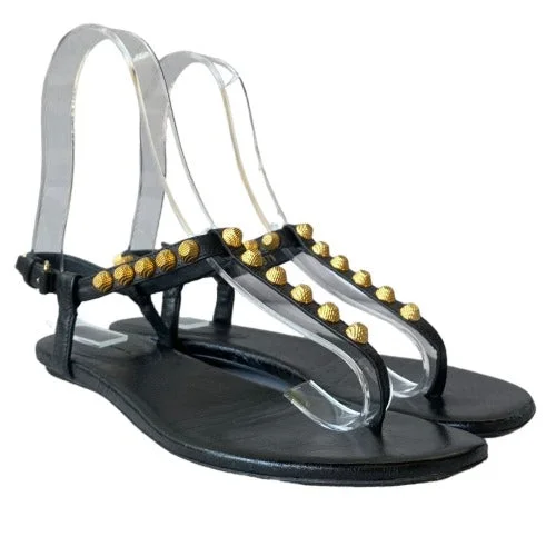 BALENCIAGA Black Leather Gold Studded Thong Flat Sandals, Size 37.5