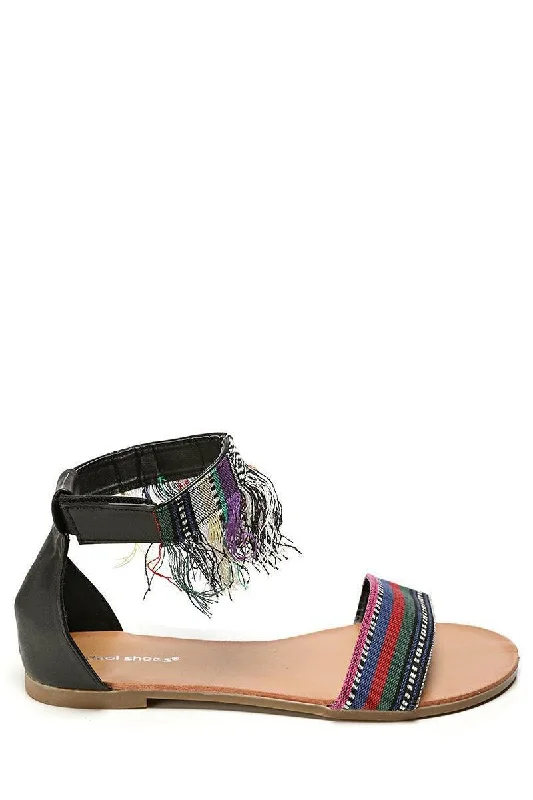 Boho Fringed Black Flat Sandals