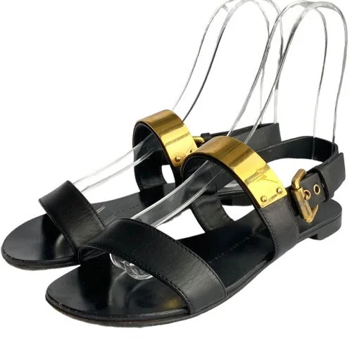 GIUSEPPE ZANOTTI Black Leather Gold Detail Zak Flat Sandals, Size 36