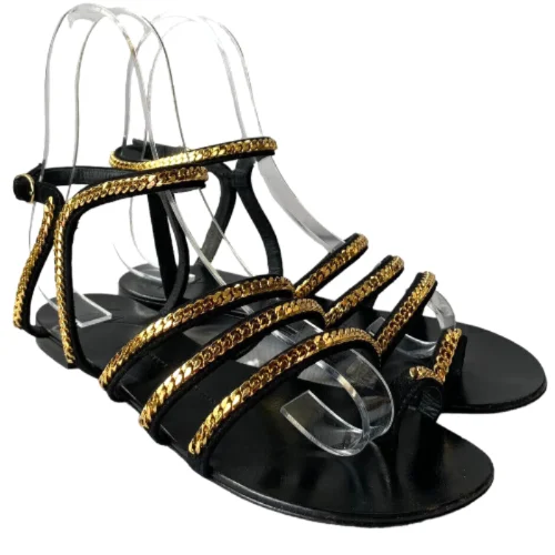 GIUSEPPE ZANOTTI Black Suede Gold Chain Detail Ankle Wrap Flat Sandals, Size 38.5