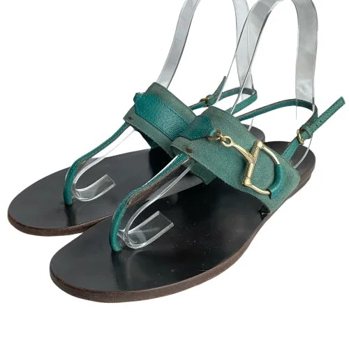 GUCCI Teal Green Nubuck & Leather Horsebit Buckle Flat Thong Sandals, Size 38.5