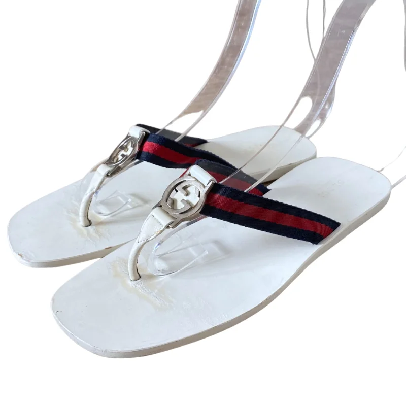 GUCCI White Enamel GG Web Flip Flops Navy & Red Flat Thong Sandals, Size 39