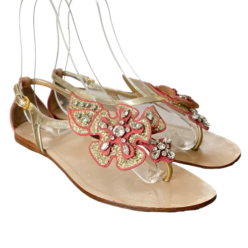 MIU MIU Gold Glitter Coral Pink Crystal Leather Flower Flat Sandals, Size 37