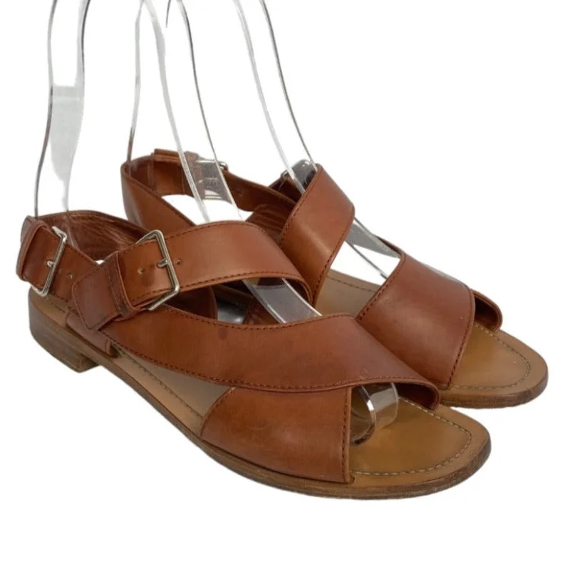 PRADA Brown Leather Strappy Slingback Flat Sandals, Size 37