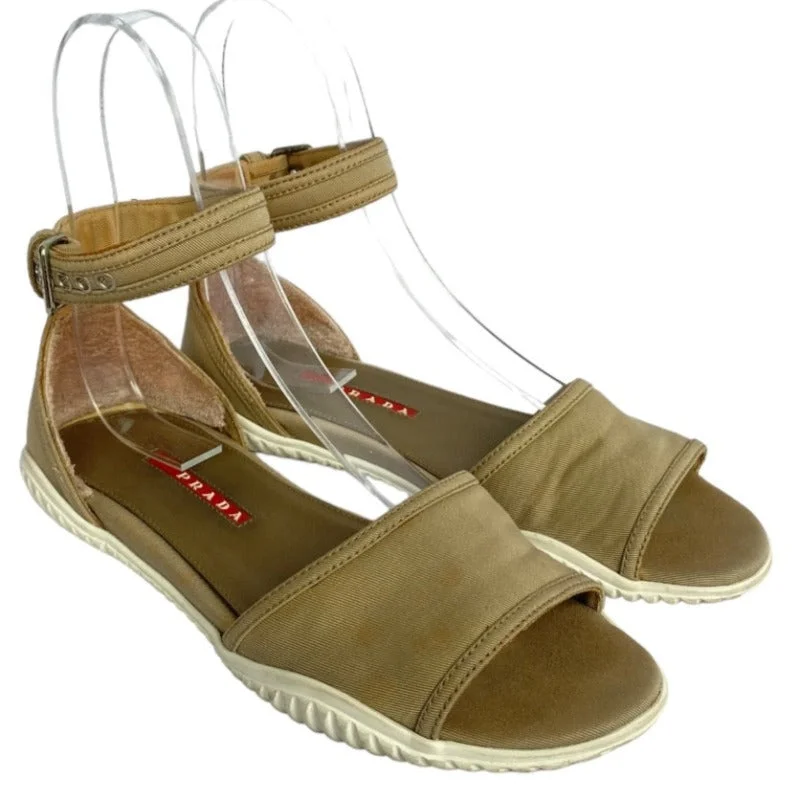 PRADA Sport Beige Donna Gabardine Canvas Ankle Strap Flat Sandals, Size 37