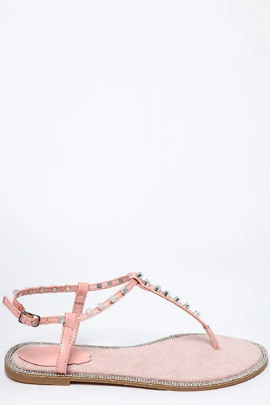 Studded T-Bar Pink Flat Sandals