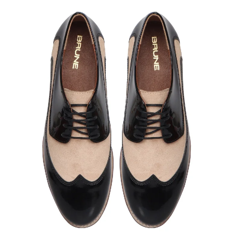 Women's Black Patent & Beige Suede Leather Derby Formal Shoes by Brune & Bareskin