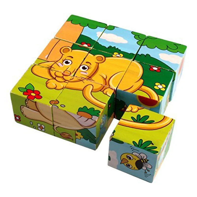 3D 6 Face Animal Block Puzzle 6 in 1 Wooden Cube Jigsaw Toys (Wild Animals)