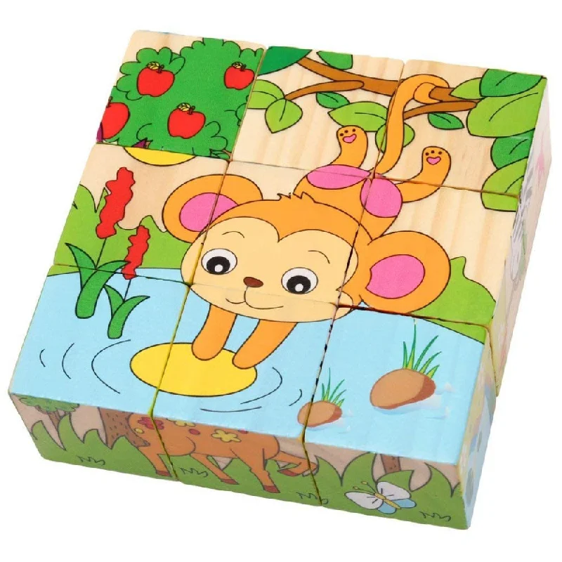 3D 6 Face Animal Block Puzzle 6 in 1 Wooden Cube Jigsaw Toys (Zoo Animals)