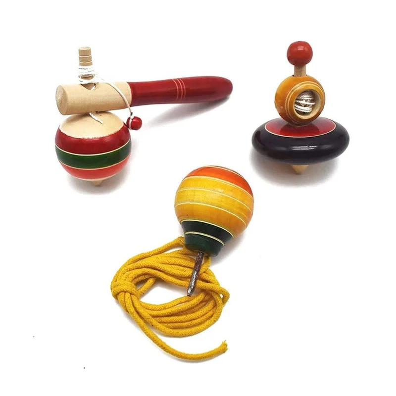 Wooden Spinning Tops - Set of 3 Pcs( Multicolor)